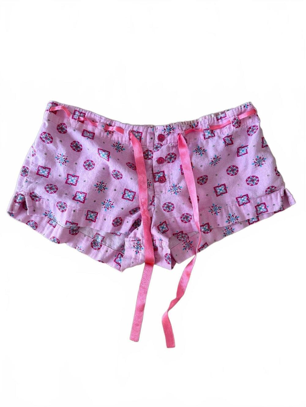 Angel Pink Floral Print Lounge Shorts with Satin Ribbon Tie - Size S